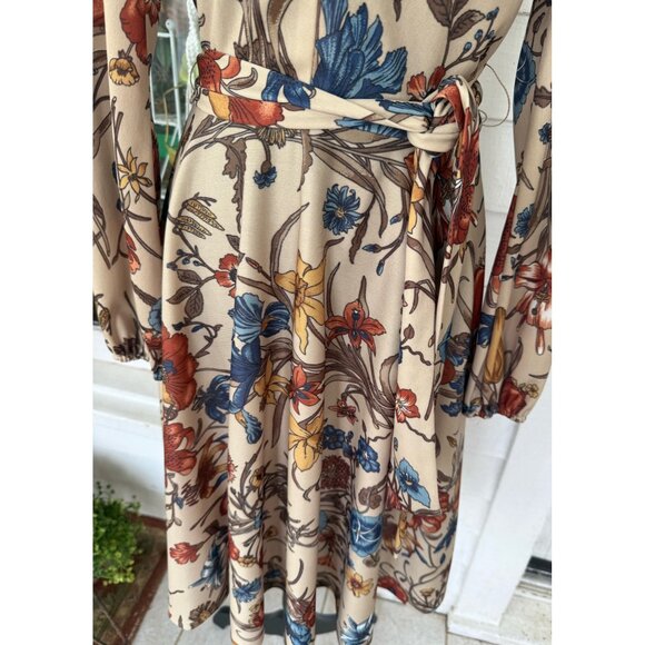 Vintage 70's Sears MOD Big Floral Belted Dress Beige Blue Size 10 - Picture 11 of 12